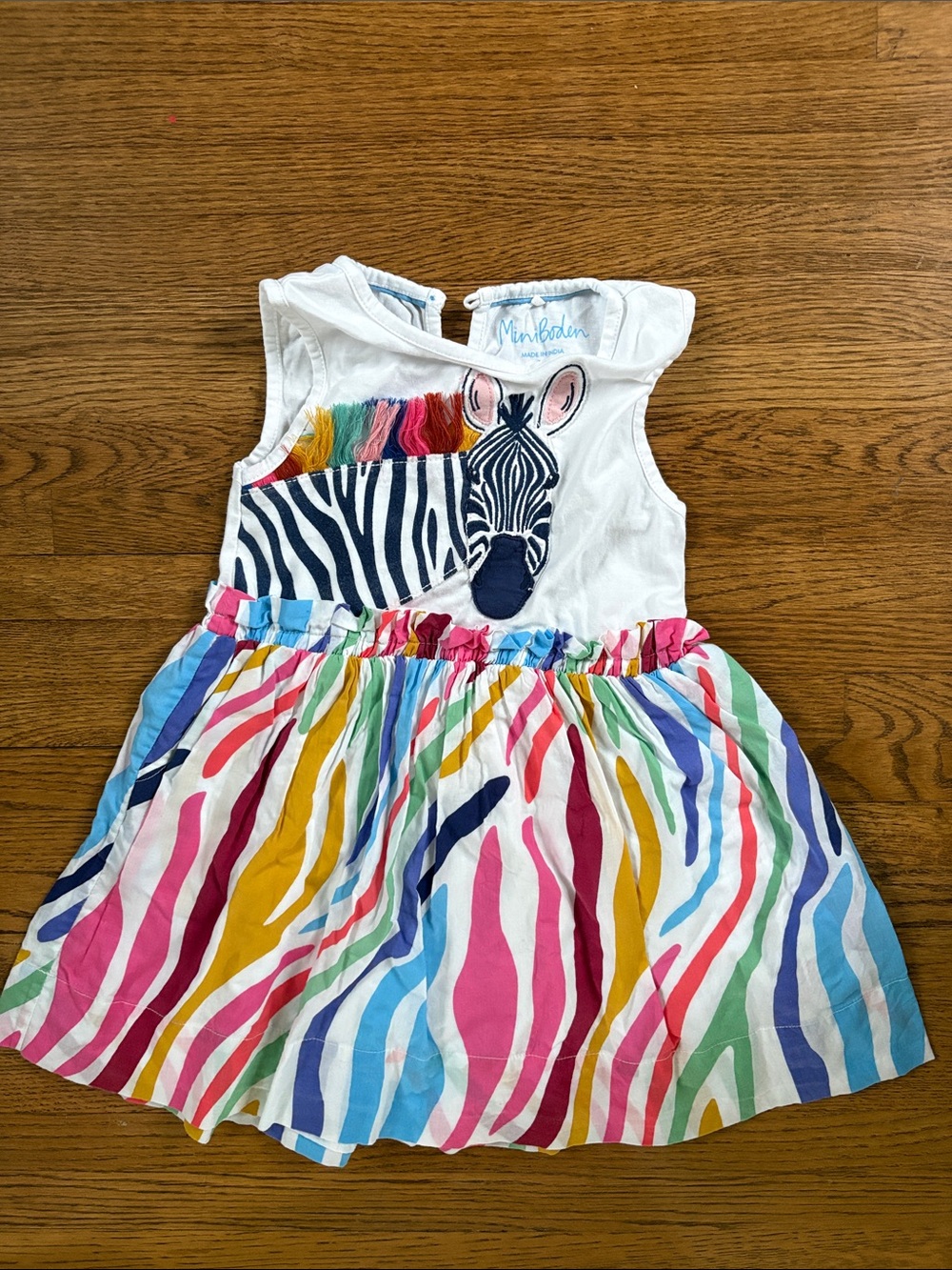 Mini Boden White Dress with Multicolor Zebra Stripes